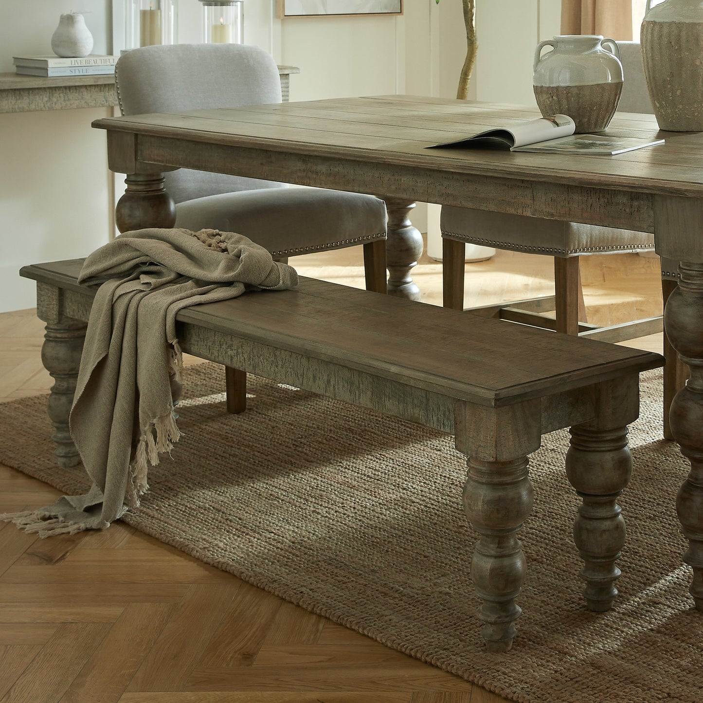 Dine and Dwell St Ives rectangular dining bench in brown wood with a sturdy design and smooth finish.