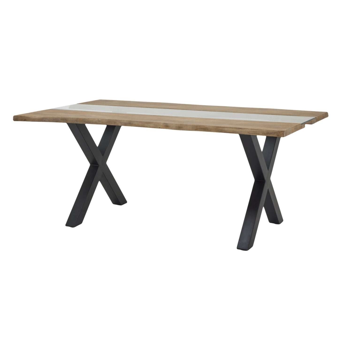 Dine and Dwell live edge acacia river dining table with brown wood and glass top, showcasing natural wood grain and modern design.