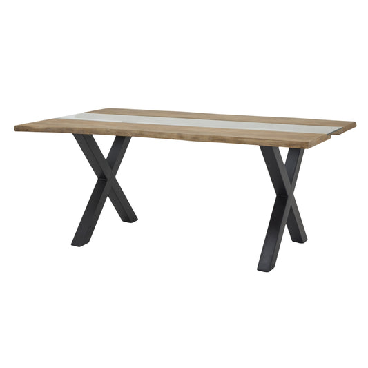 Dine and Dwell live edge acacia river dining table with brown wood and glass top, showcasing natural wood grain and modern design.