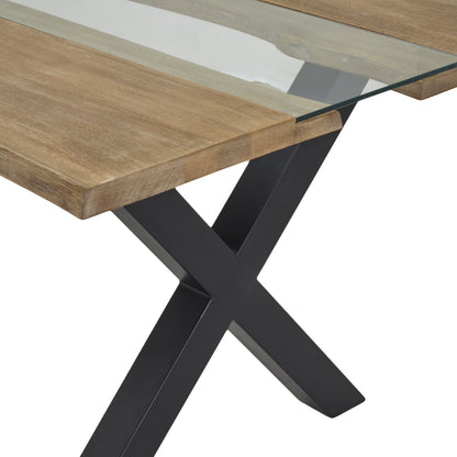 Dine and Dwell live edge acacia river dining table with brown wood and glass top, showcasing natural wood grain and sleek design.