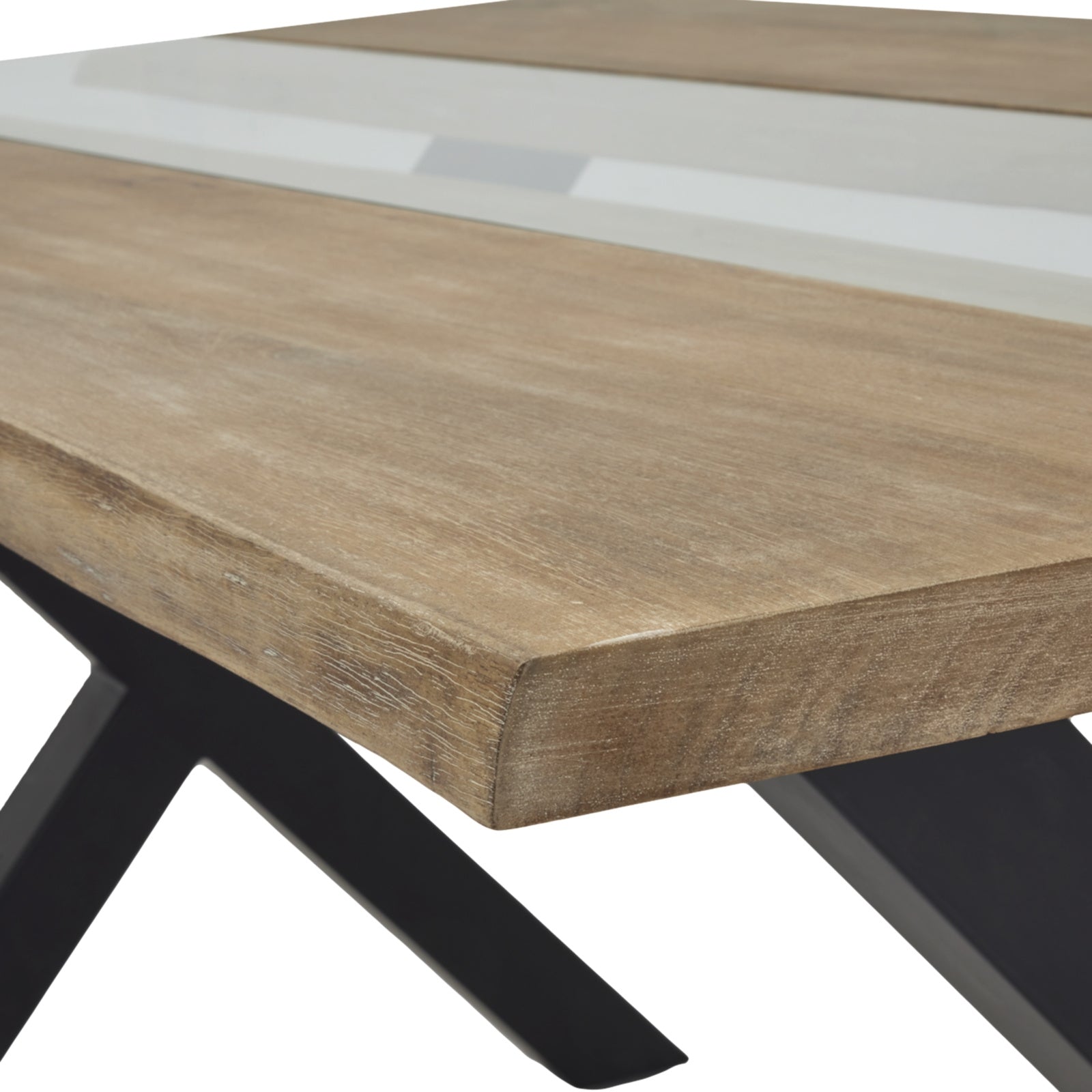 Dine and Dwell live edge acacia river dining table with brown wood and glass top, showcasing natural wood grain and sleek design.