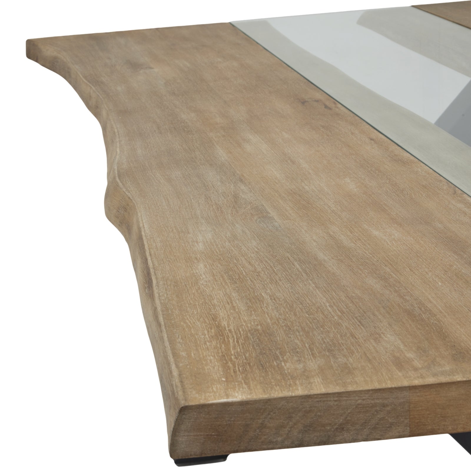 Dine and Dwell live edge acacia river dining table with brown wood and glass top, featuring a natural wood finish and sleek design.