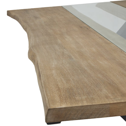 Dine and Dwell live edge acacia river dining table with brown wood and glass top, featuring a natural wood finish and sleek design.