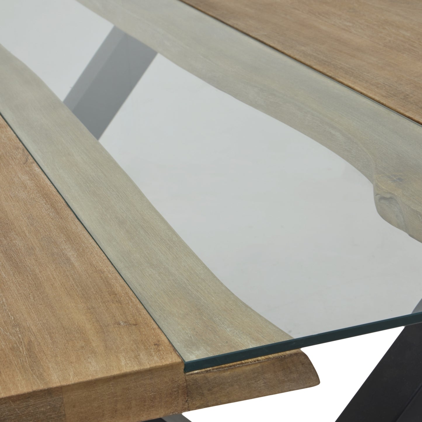 Dine and Dwell live edge acacia river dining table with brown wood and glass top, showcasing natural wood grain and modern design.