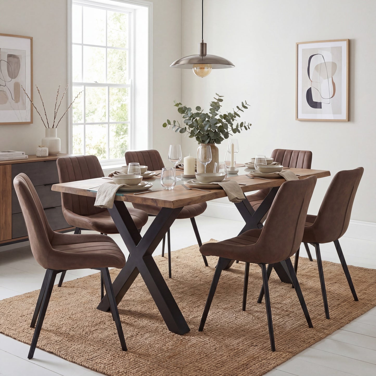 Dine and Dwell live edge acacia river dining table with brown wood and glass top, showcasing natural wood grain and sleek design.