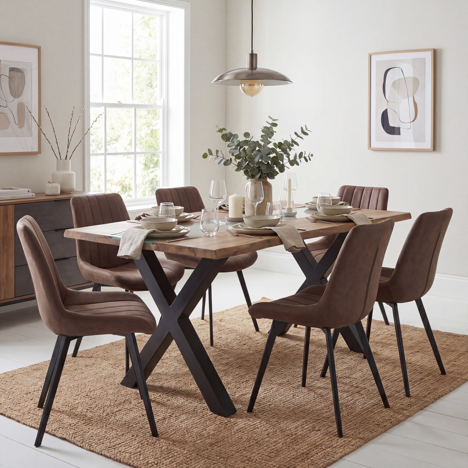 Dine and Dwell live edge acacia river dining table with brown wood and glass top, showcasing natural wood grain and sleek design.