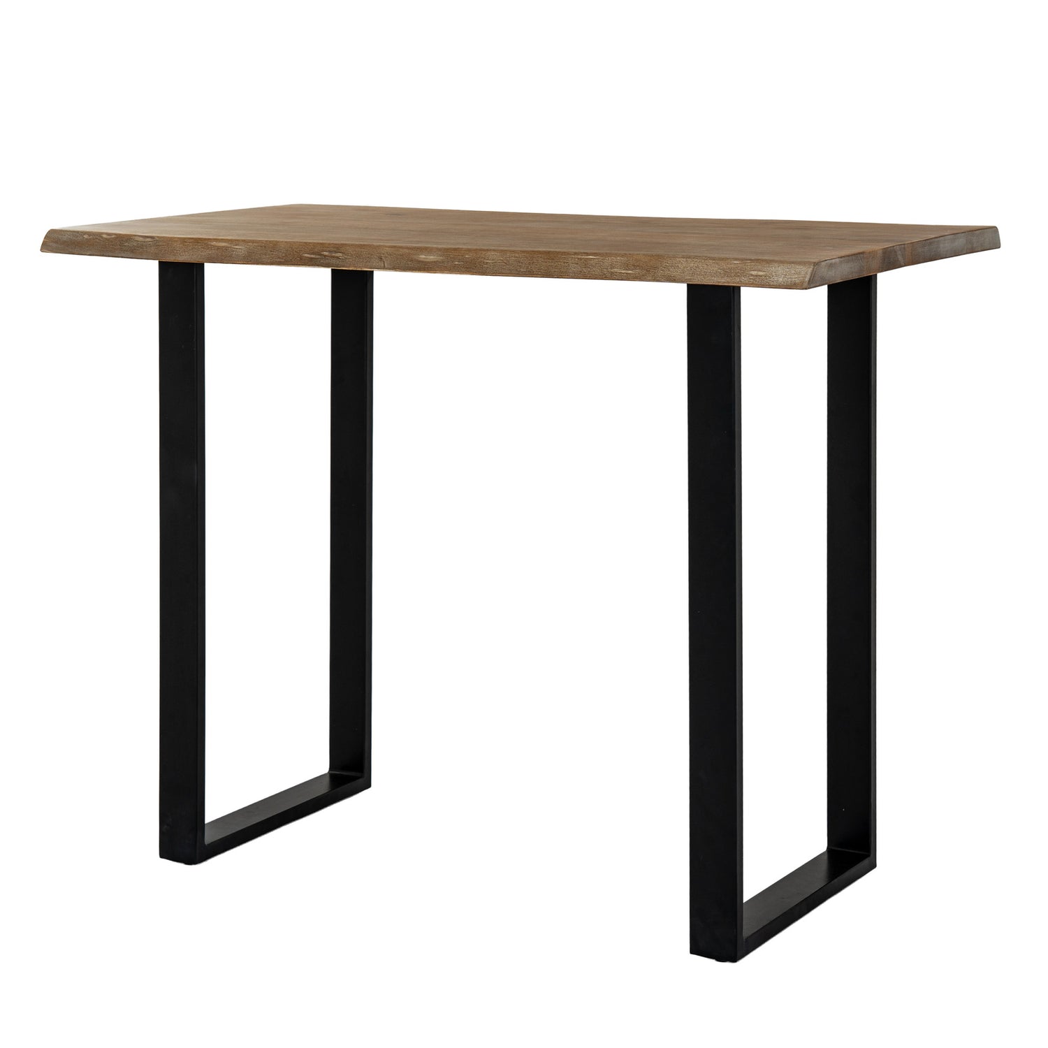 Dine and Dwell live edge acacia bar table with natural brown wood top and black metal island base.