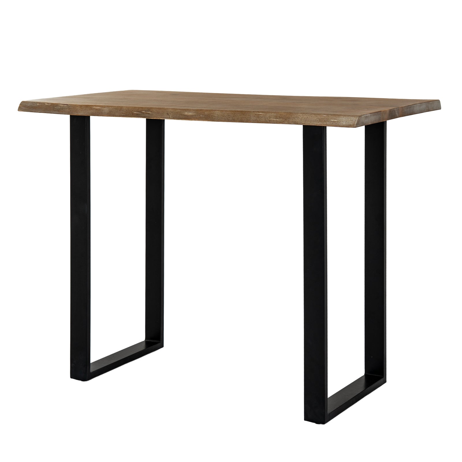 Dine and Dwell live edge acacia bar table with natural brown wood top and black metal island base.