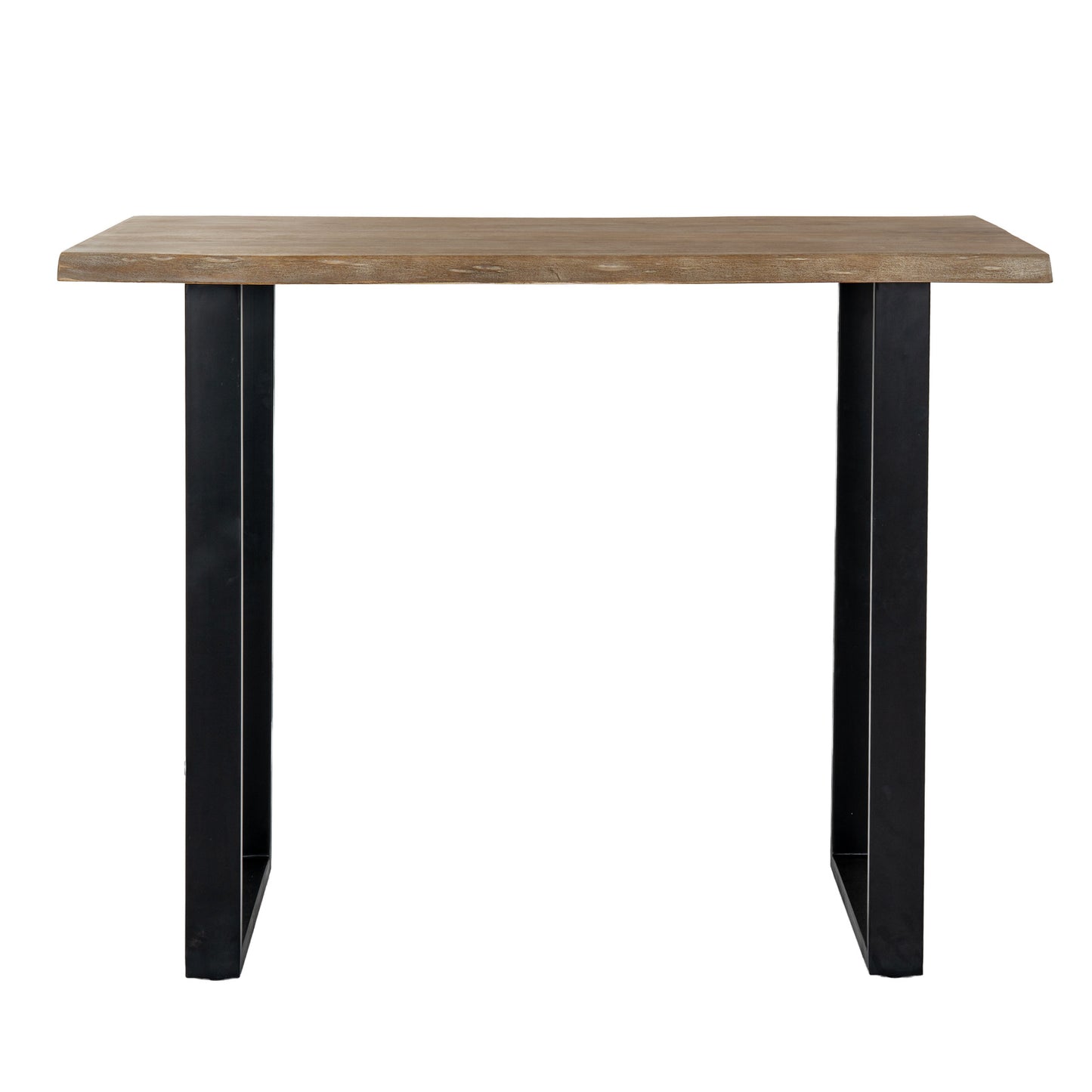 Dine and Dwell live edge acacia bar table with natural brown wood top and black metal legs, ideal for island or casual dining.