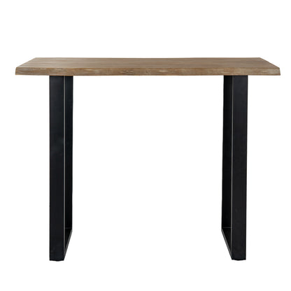 Dine and Dwell live edge acacia bar table with natural brown wood top and black metal legs, ideal for island or casual dining.
