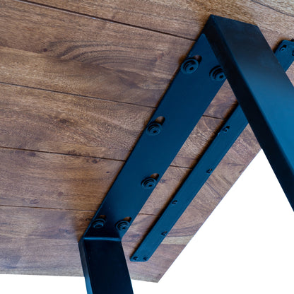 Dine and Dwell live edge acacia bar table with natural brown wood top and black metal island base.