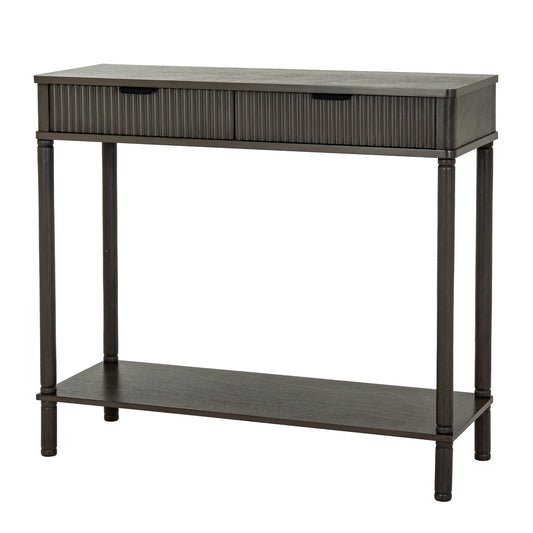 Dine and Dwell Shrewsbury 2-drawer console sideboard in brown wood with sleek design and metal handles.