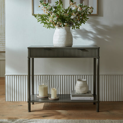 Dine and Dwell Shrewsbury brown wood sideboard with two drawers and a sleek modern design.