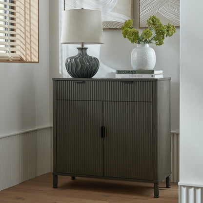 Dine and Dwell Shrewsbury brown wood cabinet with one drawer and two doors, featuring a classic design and sturdy construction.