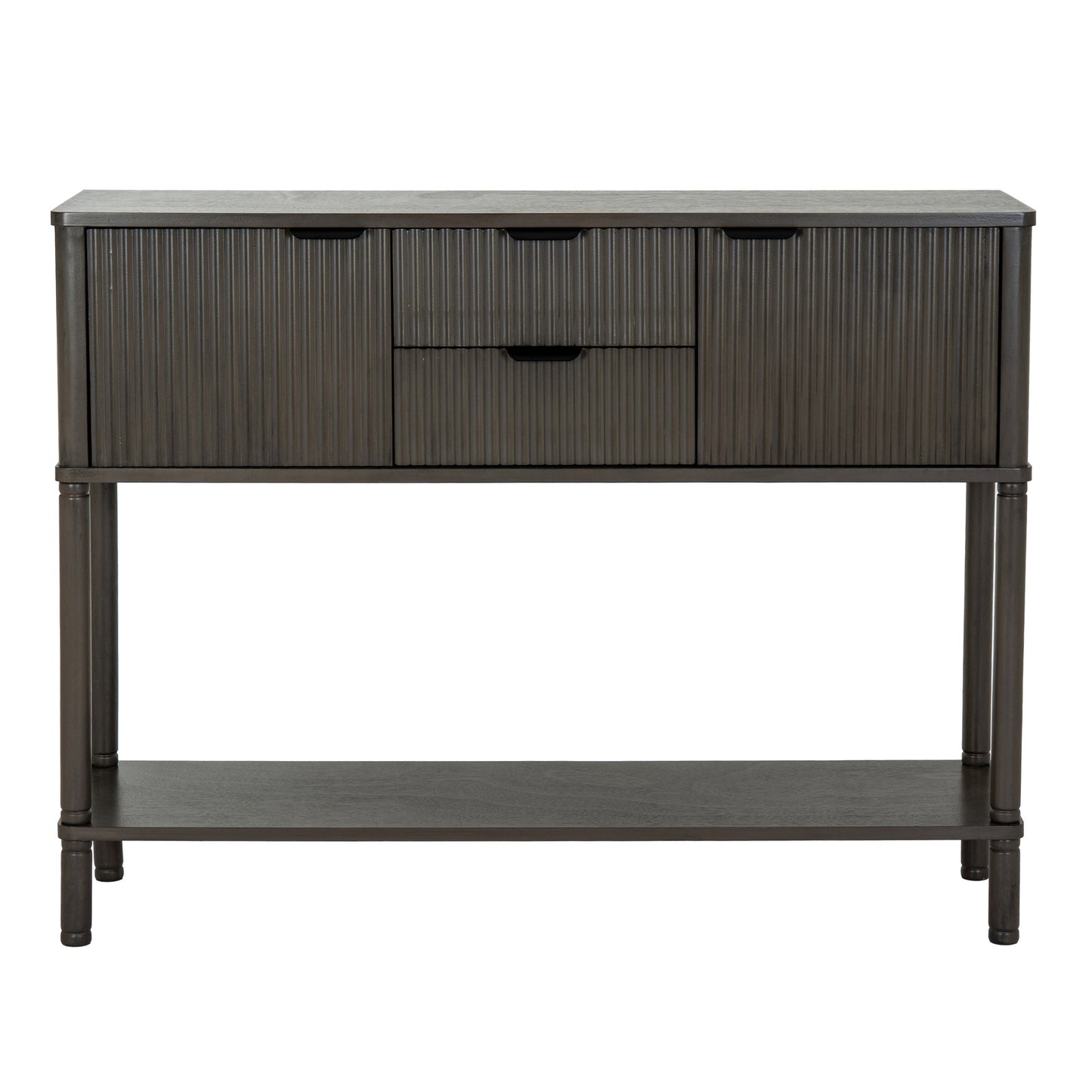 Dine and Dwell Shrewsbury brown wood sideboard with two drawers and two doors, modern console table for dining room or living space.