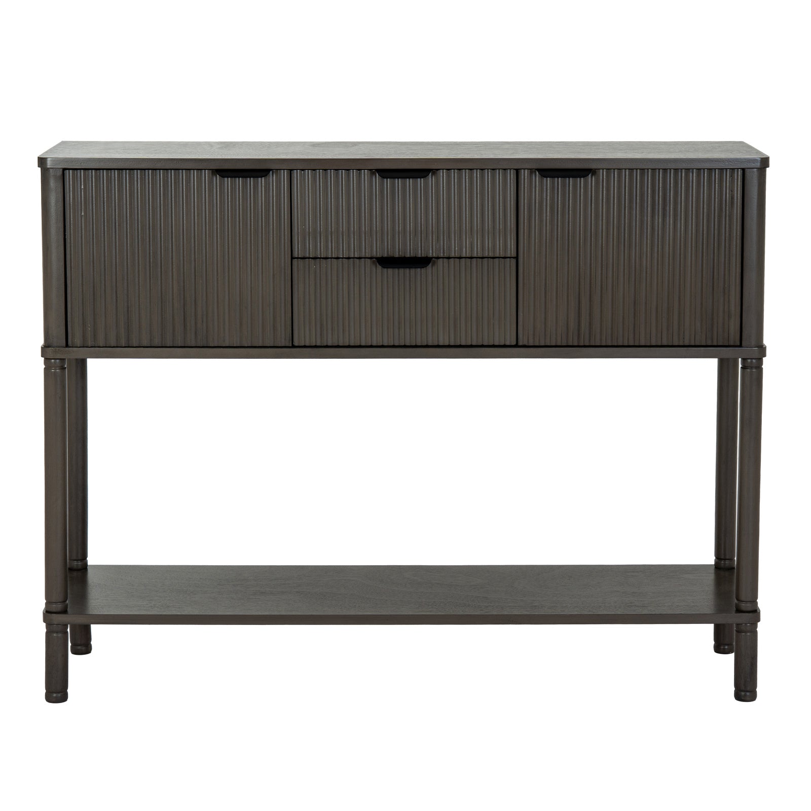 Dine and Dwell Shrewsbury brown wood sideboard with two drawers and two doors, modern console table for dining room or living space.