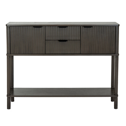 Dine and Dwell Shrewsbury brown wood sideboard with two drawers and two doors, modern console table for dining room or living space.