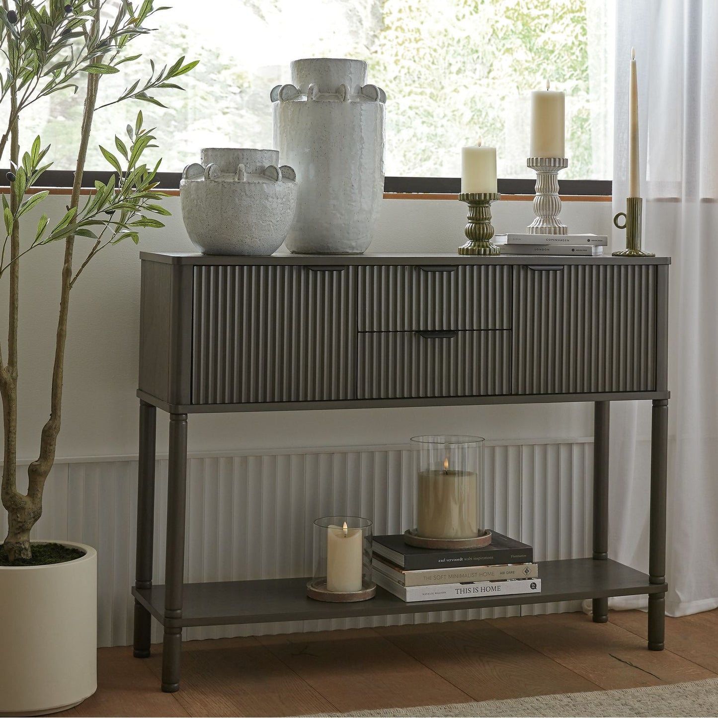 Dine and Dwell Shrewsbury brown wood sideboard with two drawers and two doors, modern console table for living or dining room.