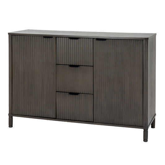 Dine and Dwell Shrewsbury brown wood cabinet with 3 drawers and 2 doors, showcasing a stylish storage solution.