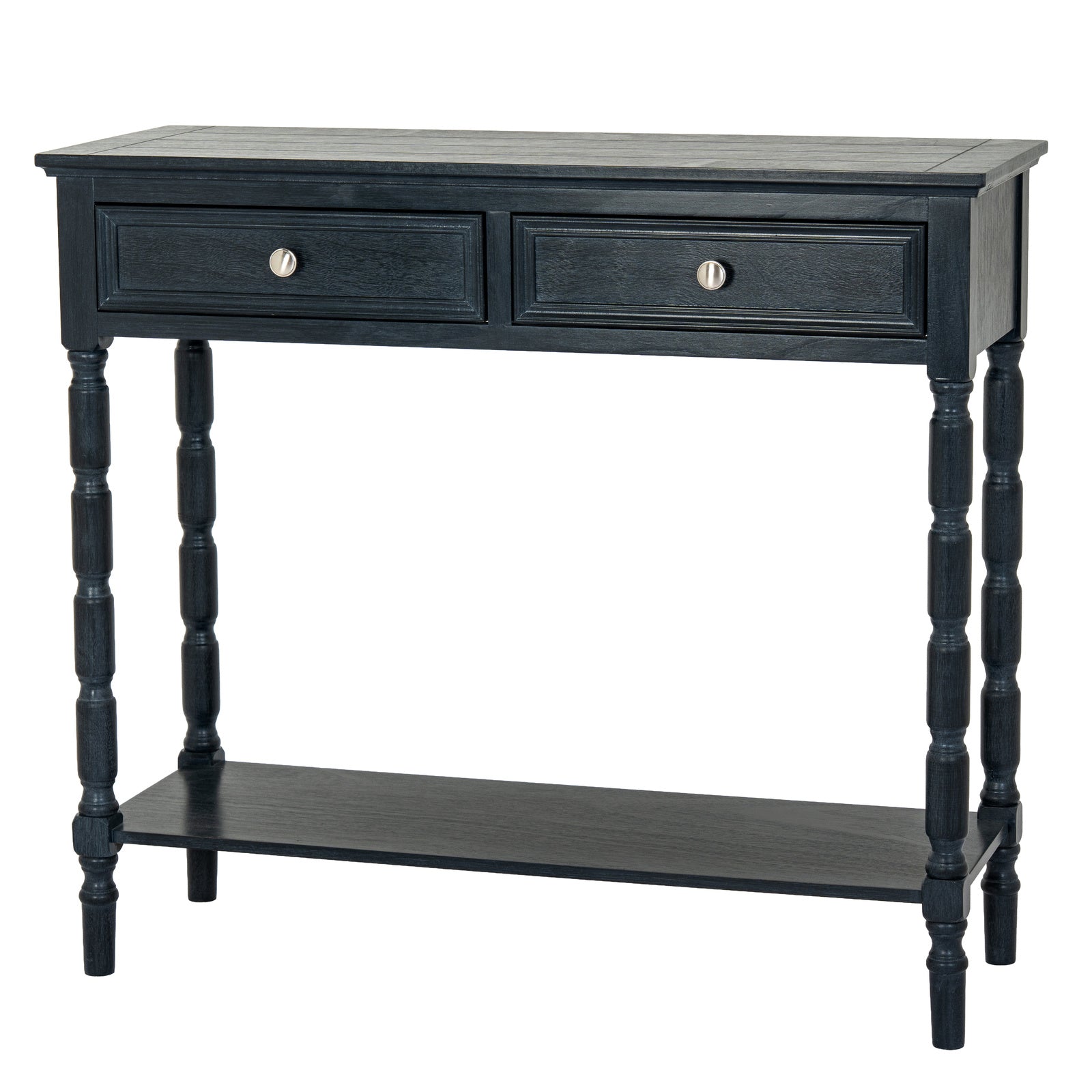 Black wood Dine and Dwell Bidbury 2-drawer console table, modern sideboard with sleek design and storage drawers.