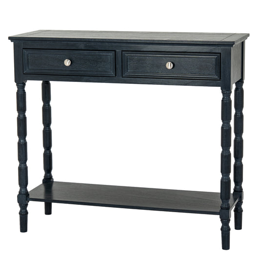 Black wood Dine and Dwell Bidbury 2-drawer console table, modern sideboard with sleek design and storage drawers.