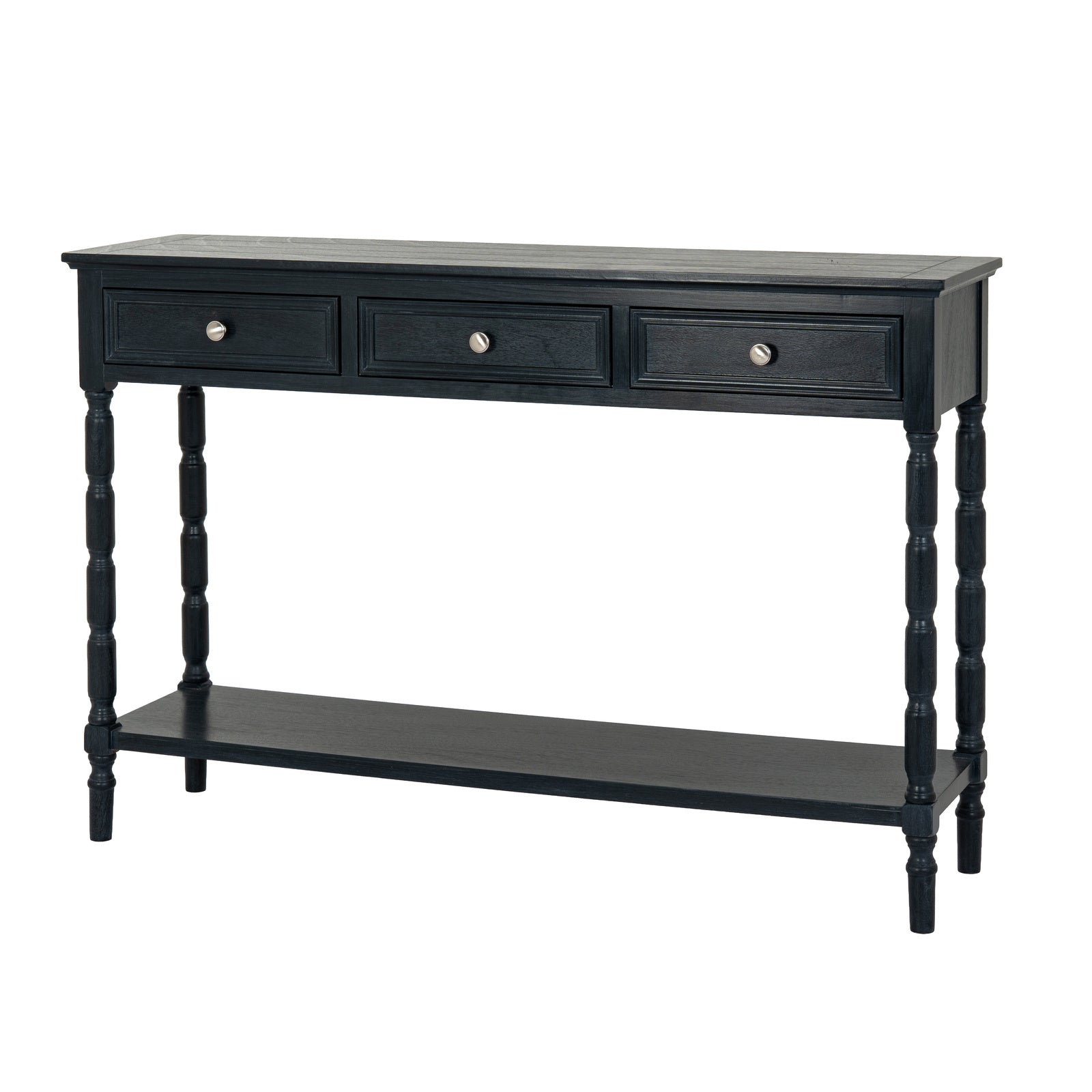 Black wood Dine and Dwell Bidbury 3-drawer console table with sleek sideboard design and modern style.
