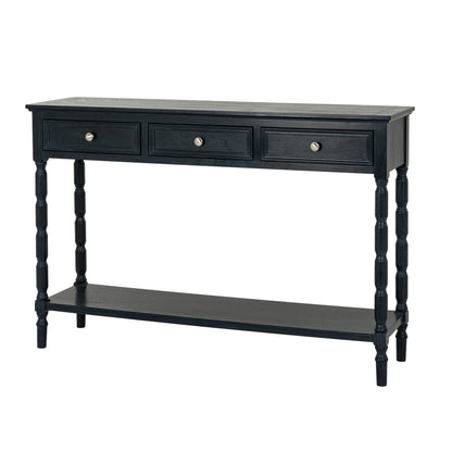Black wood Dine and Dwell Bidbury 3-drawer console table with sleek sideboard design and modern style.