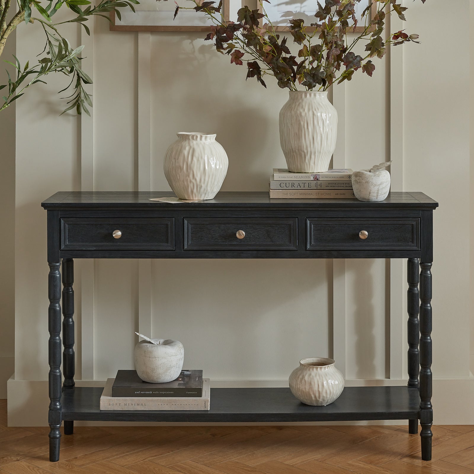 Dine and Dwell Bidbury black wood sideboard with three drawers and sleek design, ideal for dining or living room storage.