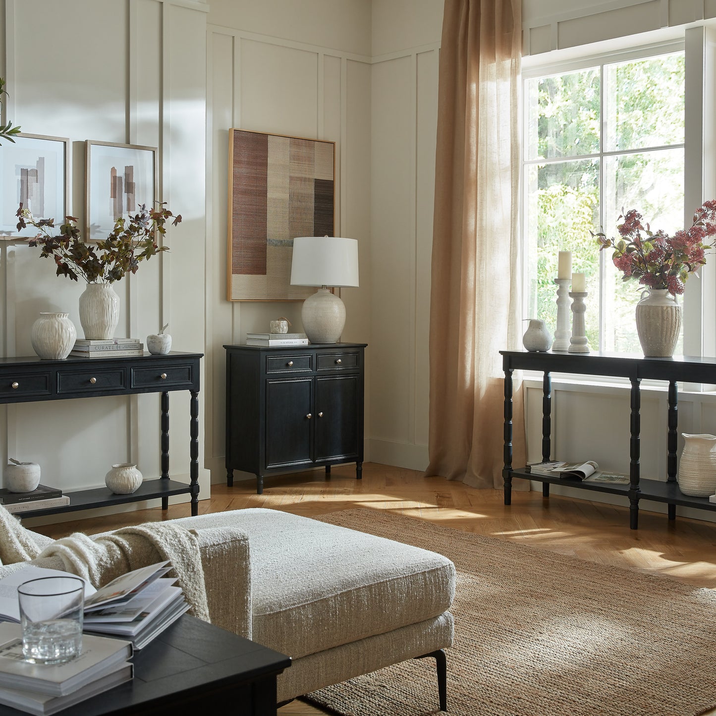 Dine and Dwell Bidbury black wood sideboard with two drawers and two doors, modern storage furniture for dining or living room.