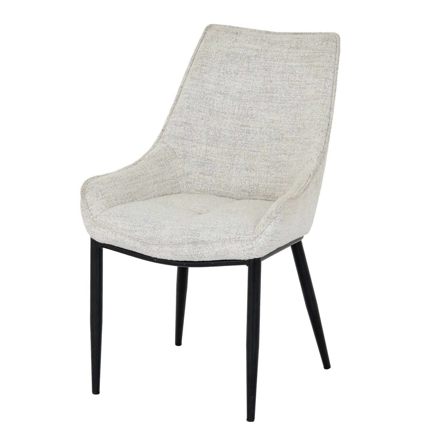 Worcester dining chair by Dine and Dwell, upholstered armchair in oatmeal fabric with black metal legs, ideal for modern dining rooms.