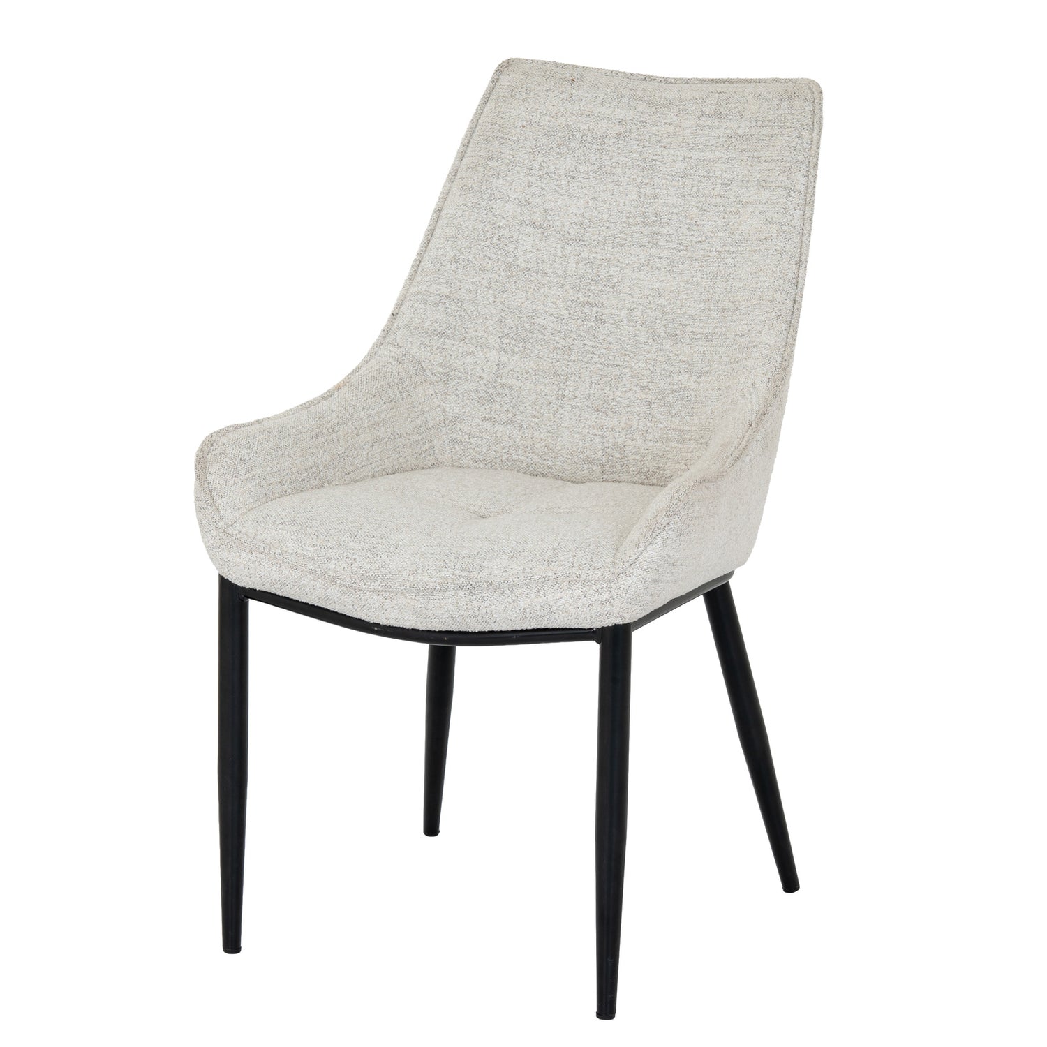 Worcester dining chair by Dine and Dwell, upholstered armchair in oatmeal fabric with black metal legs, ideal for modern dining rooms.