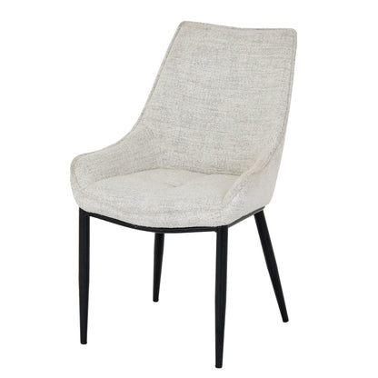 Worcester dining chair by Dine and Dwell, upholstered armchair in oatmeal fabric with black metal legs, ideal for modern dining rooms.