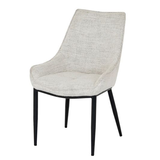 Worcester dining chair by Dine and Dwell, upholstered armchair in oatmeal fabric with black metal legs, ideal for modern dining rooms.