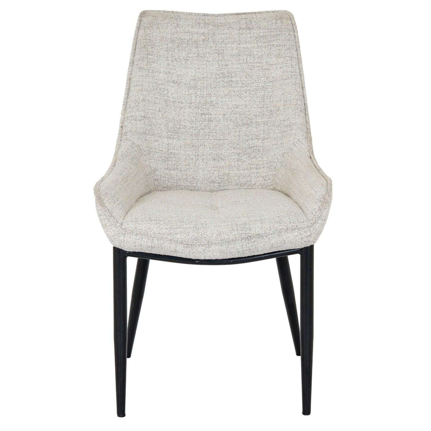 Upholstered Worcester dining chair by Dine and Dwell with oatmeal fabric and black metal legs, showcasing a stylish armchair design.