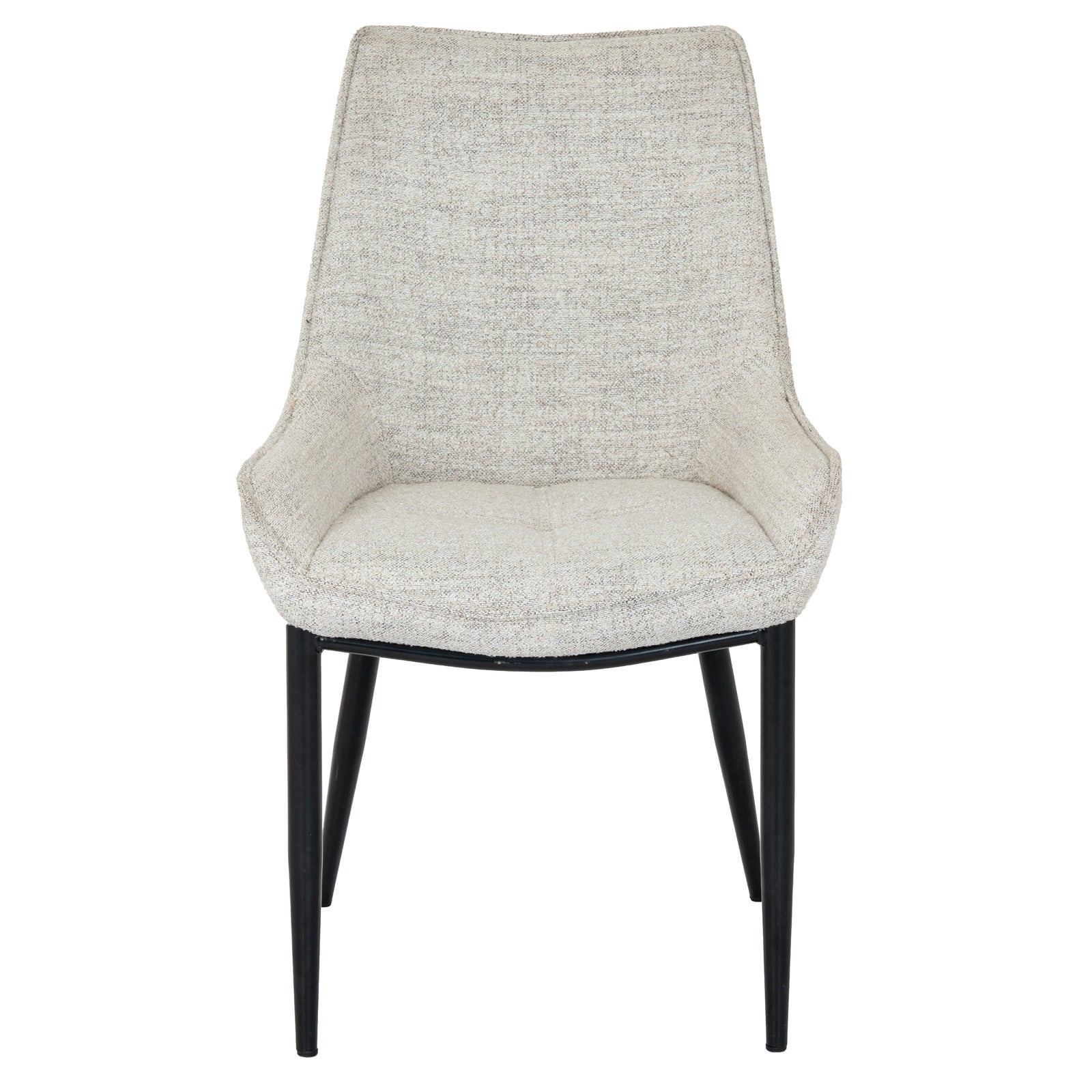 Upholstered Worcester dining chair by Dine and Dwell with oatmeal fabric and black metal legs, showcasing a stylish armchair design.