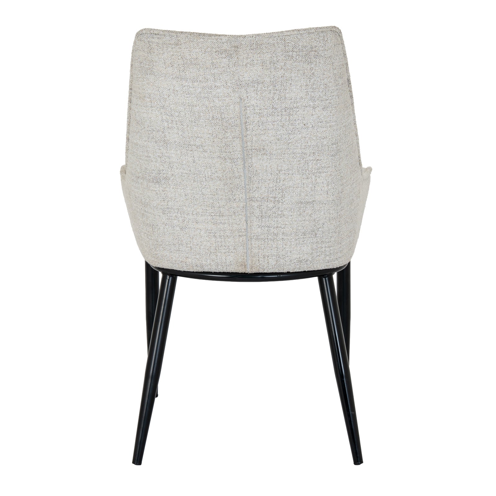 Upholstered Worcester Dining Chair in oatmeal fabric with black metal legs, featuring armrests and modern design for dining room.
