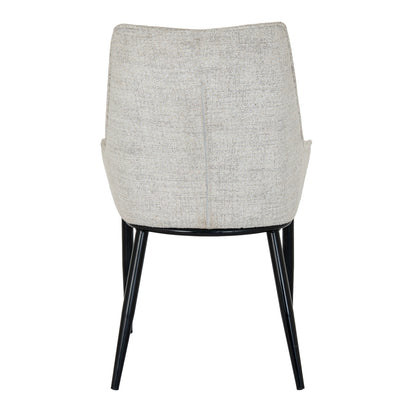 Upholstered Worcester Dining Chair in oatmeal fabric with black metal legs, featuring armrests and modern design for dining room.