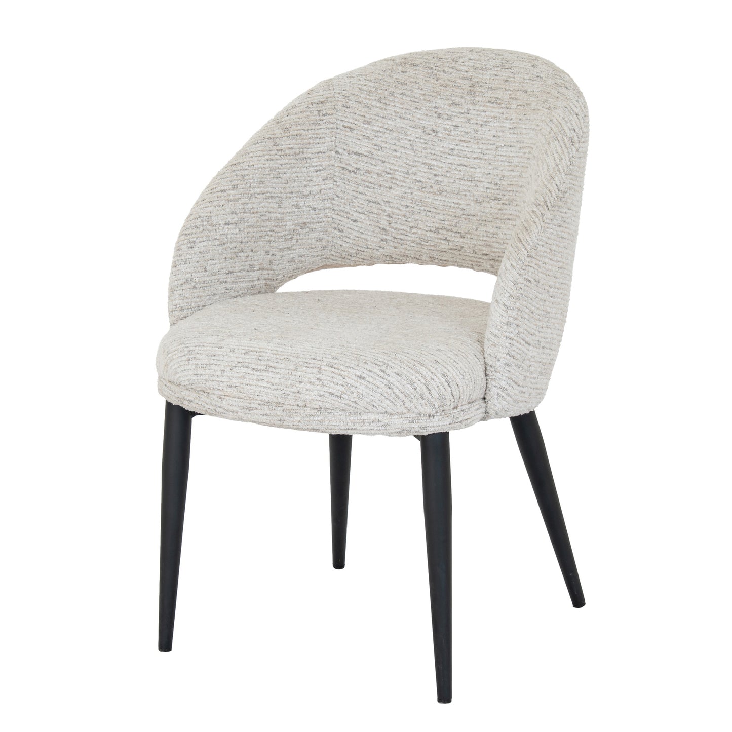White upholstered Dine and Dwell Sandwell curved dining chair with black metal legs, modern design for dining room decor.