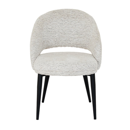 White upholstered Dine and Dwell Sandwell curved dining chair with black metal legs, modern and stylish for dining spaces.