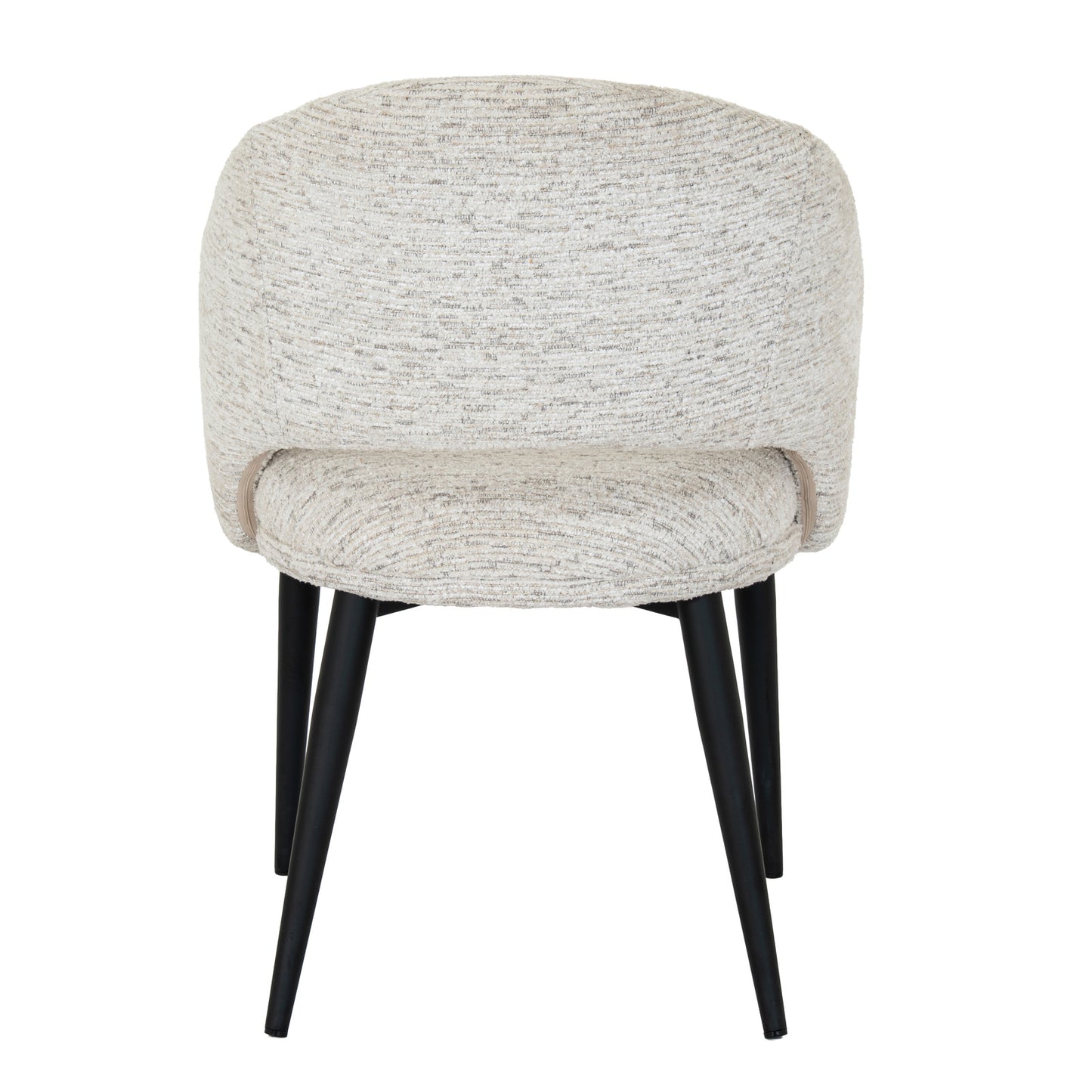 White upholstered Dine and Dwell Sandwell curved dining chair with black metal legs, modern and stylish for dining room decor.