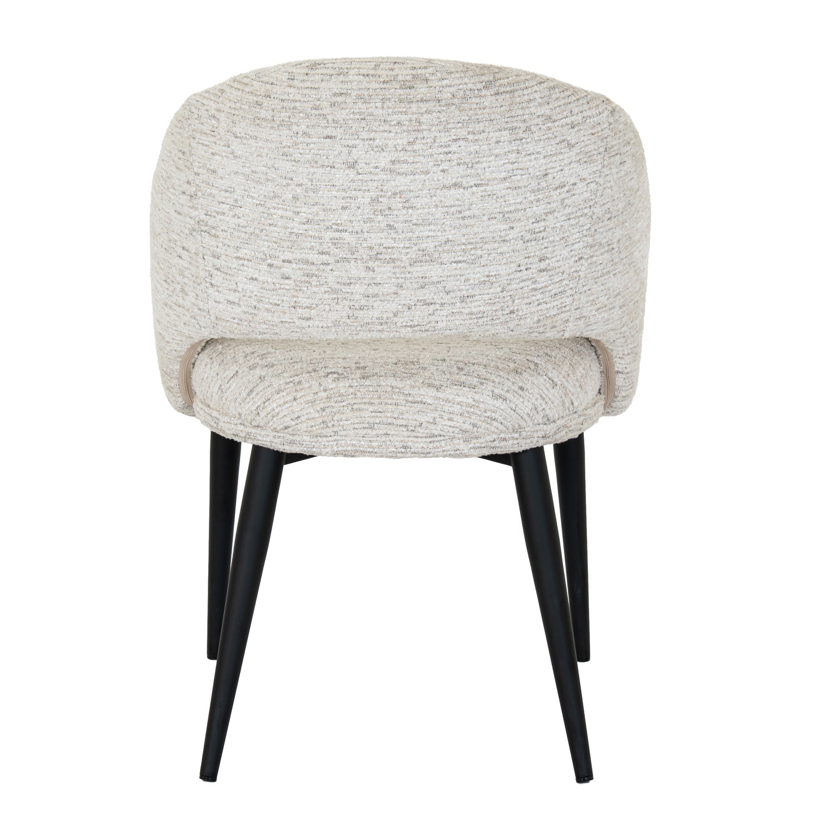 White upholstered Dine and Dwell Sandwell curved dining chair with black metal legs, modern and stylish for dining room decor.