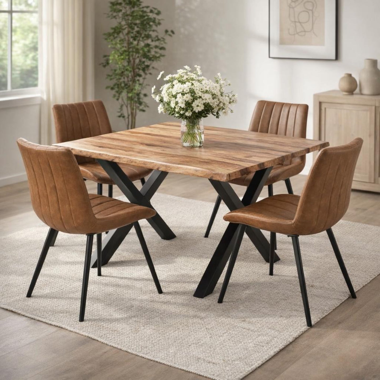 Dine and Dwell Wareham Tan Swivel Dining Chair with leather-effect fabric, channel stitching, and black metal base.