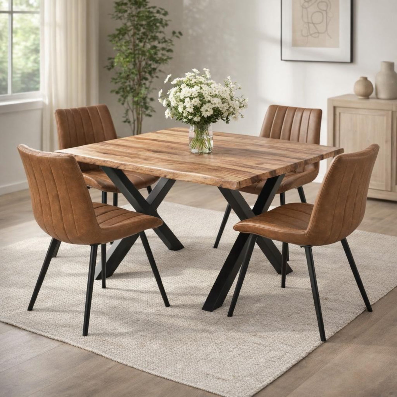 Dine and Dwell Wareham Tan Swivel Dining Chair with leather-effect fabric, channel stitching, and black metal base.