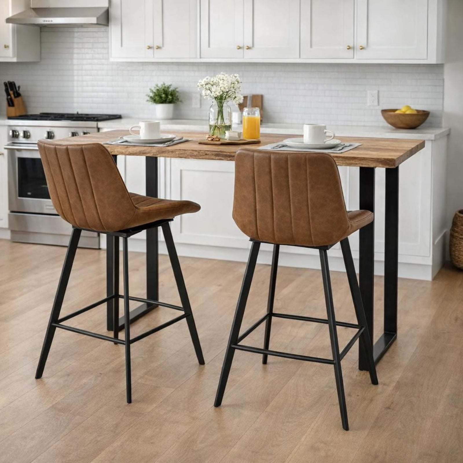 Dine and Dwell Wareham tan leather-effect fabric swivel bar stool with modern design, ideal for kitchen islands and breakfast bars.