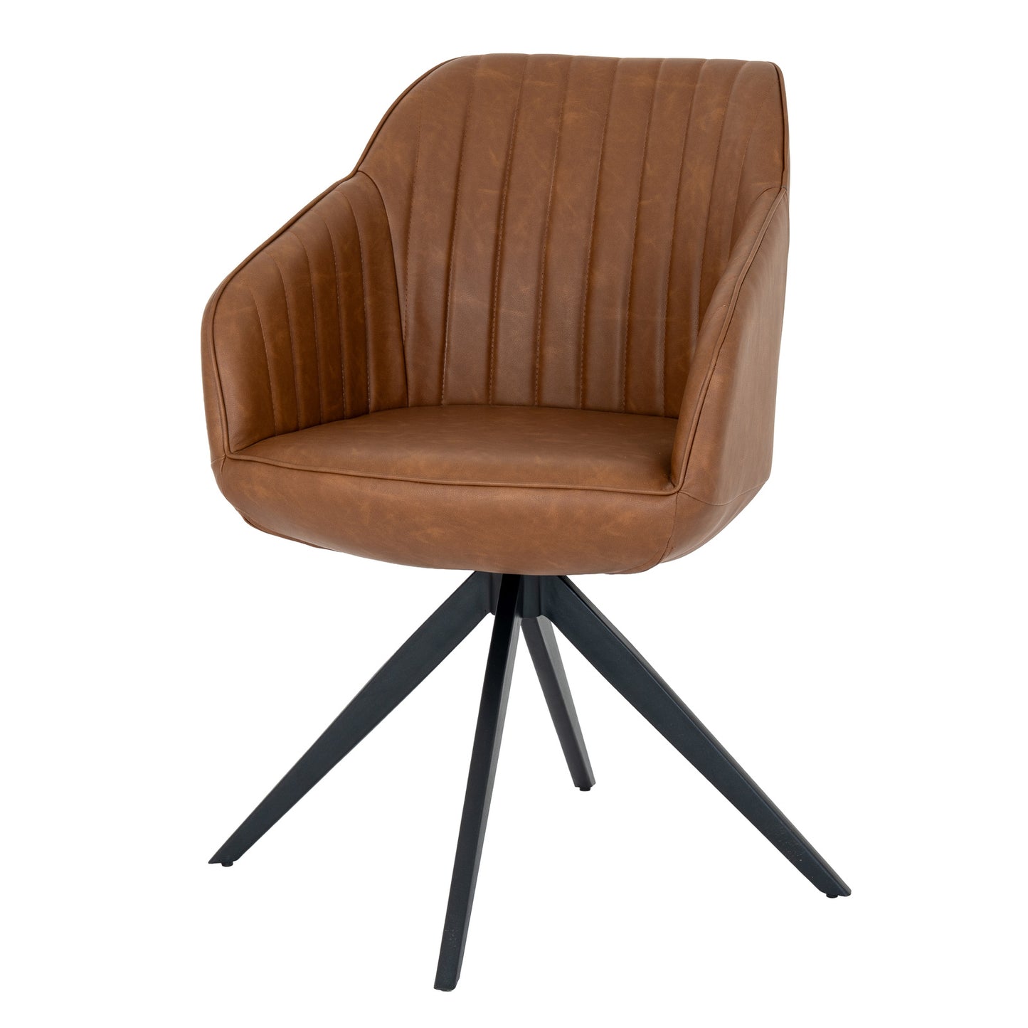 Whitstable Tan Leather-Effect Dining Chair with channel stitching and black metal base, modern tub armchair for dining rooms