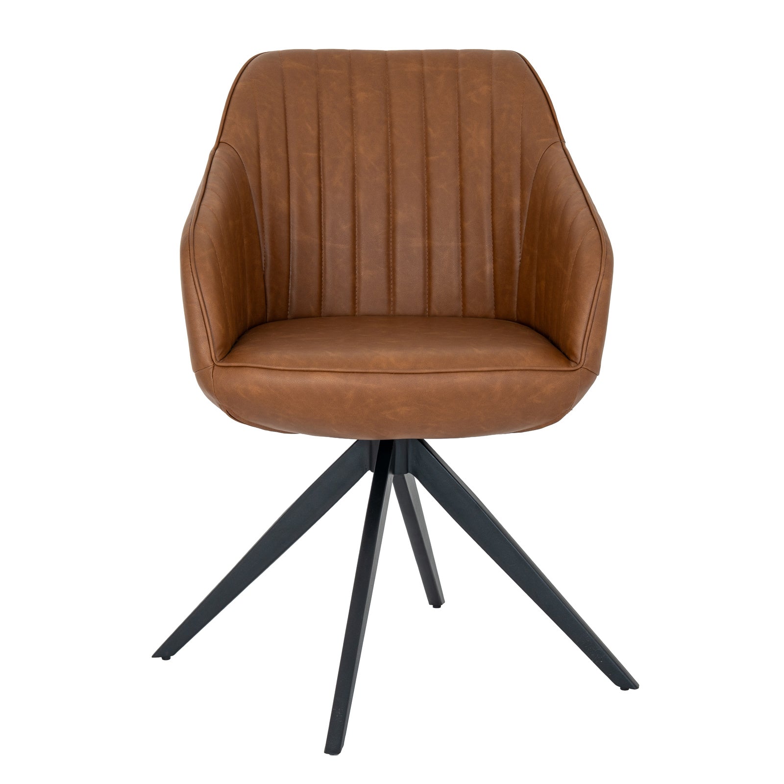 Whitstable Tan leather-effect dining chair with channel stitching and black metal base, modern tub armchair by Dine and Dwell.