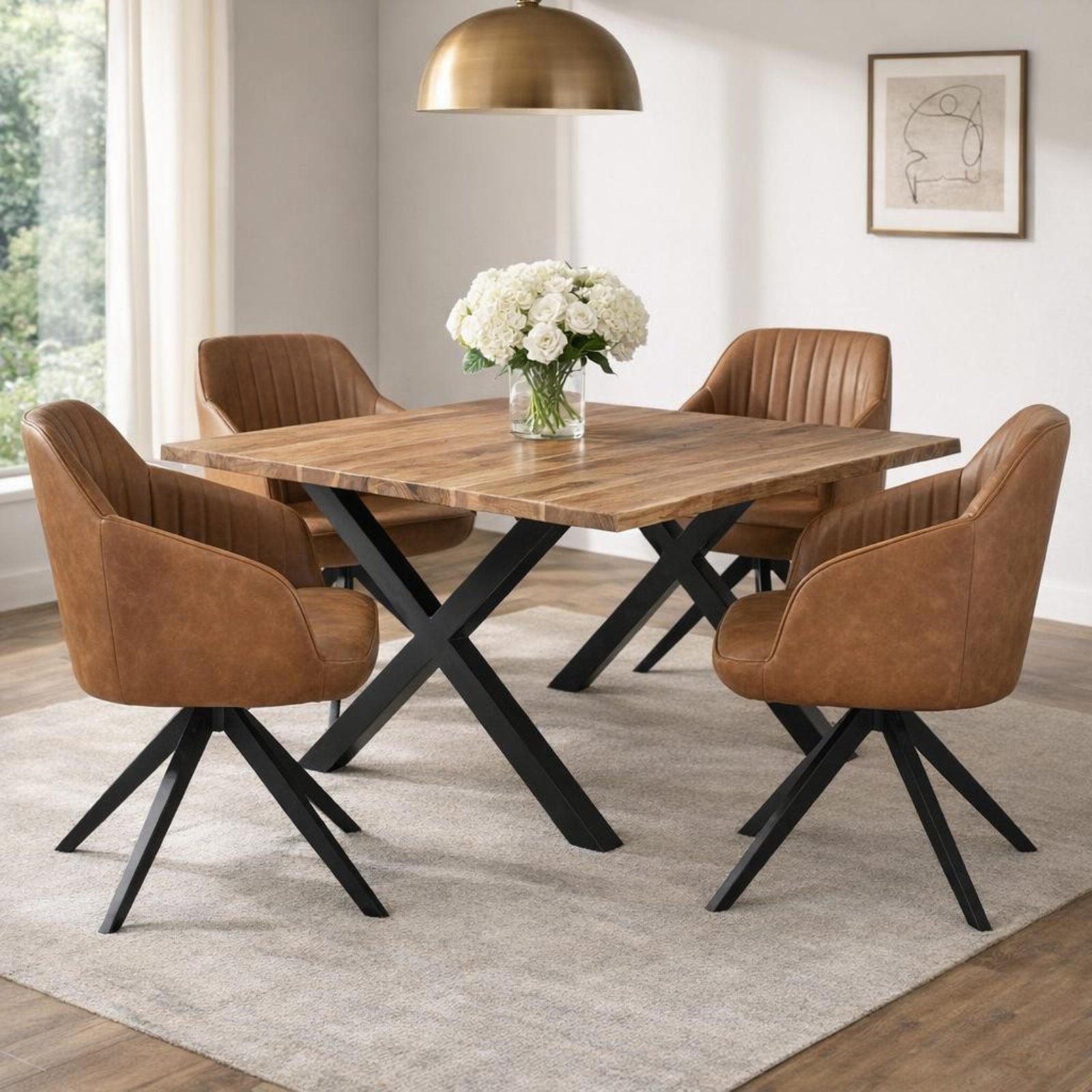 Whitstable Tan Leather-Effect Dining Chair with channel stitching and black metal base, modern tub armchair for dining rooms.