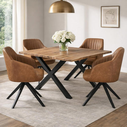 Whitstable Tan Leather-Effect Dining Chair with channel stitching and black metal base, modern tub armchair for dining rooms.