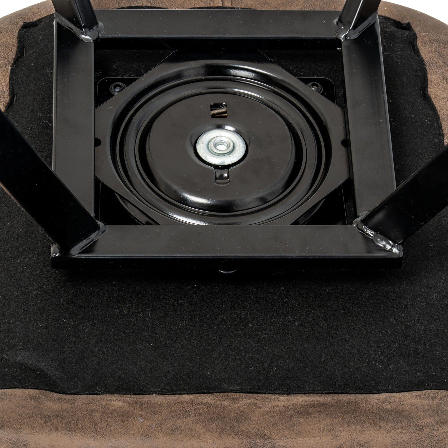Wareham Coffee swivel dining chair by Dine and Dwell with leather-effect fabric, channel stitching, and black metal base.