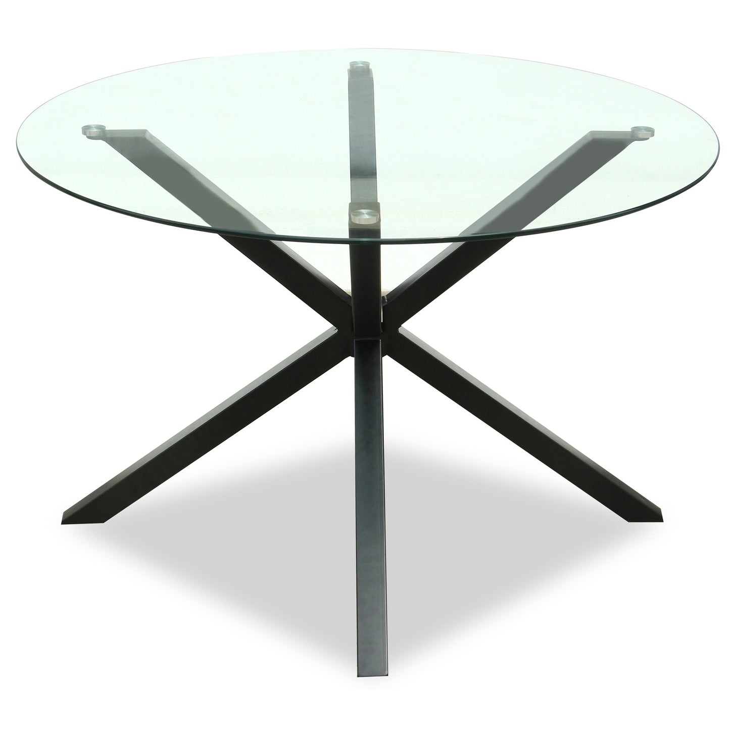 Dine and Dwell Stourbridge round dining table with glass top and black metal legs, modern and stylish for dining rooms